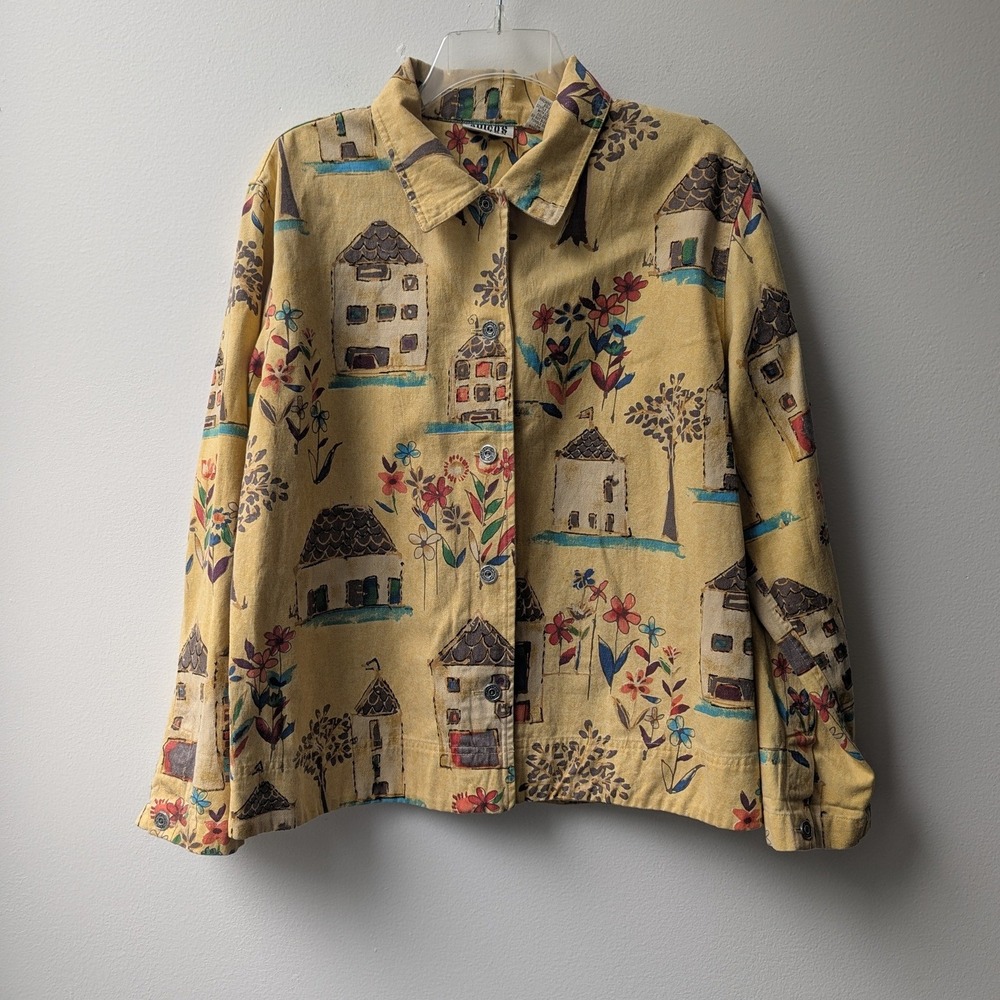 Vtg 90s Chicos Jacket Yellow Village Floral Print Cotton Button Up Sz 2 (12/L)